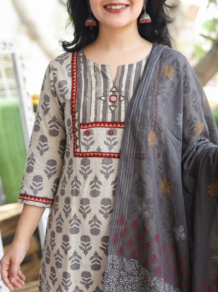 Muskaan Beige Latte Dabu Printed 3 Piece Set D2