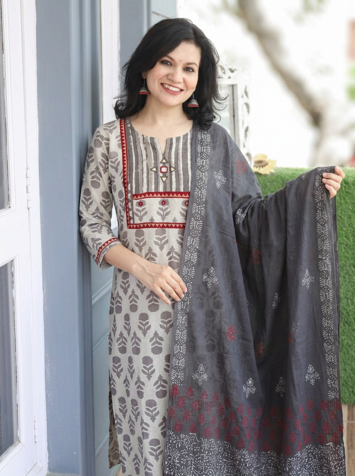 Muskaan Beige Latte Dabu Printed 3 Piece Set D2