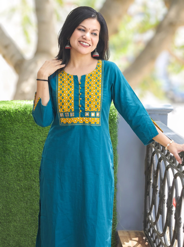 Raadhi Teal Potli with Mirror Ajrak Yoke Cotton 2 Piece Set