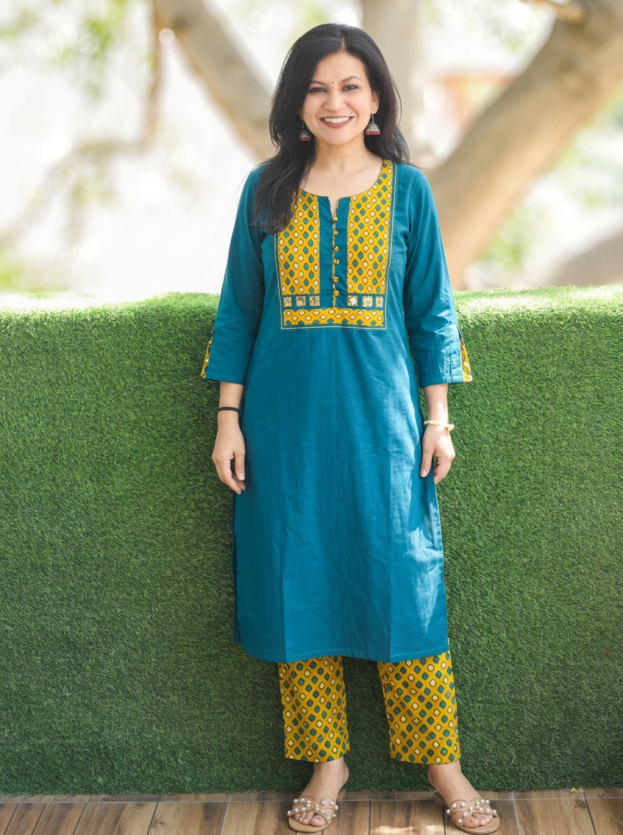Raadhi Teal Potli with Mirror Ajrak Yoke Cotton 2 Piece Set