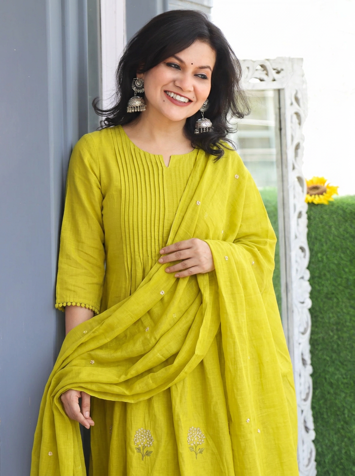 Navya Lemon Yellow Pintuck Embroidered Mul Cotton Set