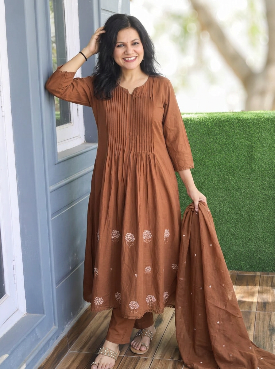 Navya Choco Brown Pintuck Embroidered Mul Cotton Set