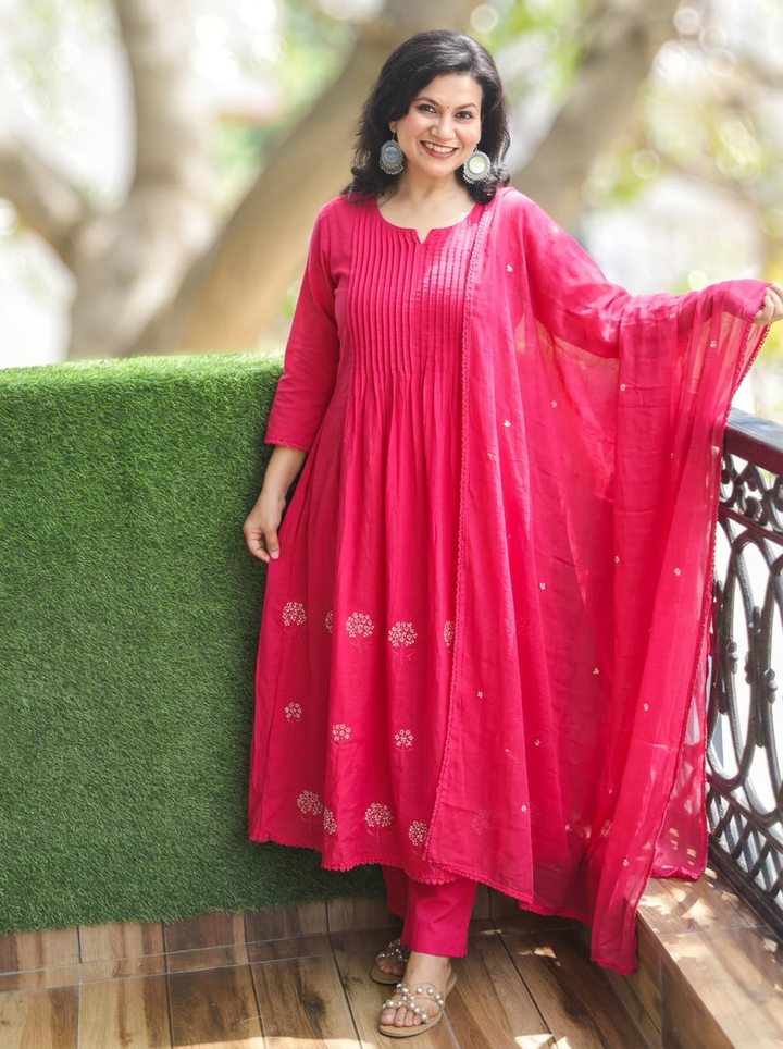 Navya Rani Pink Pintuck Embroidered Mul Cotton Set