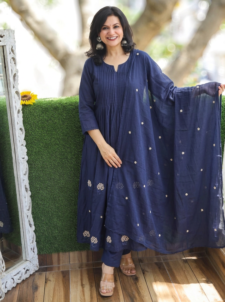 Navya Navy Blue Pintuck Embroidered Mul Cotton Set