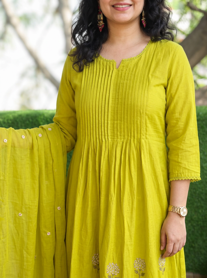 Navya Lemon Yellow Pintuck Embroidered Mul Cotton Set