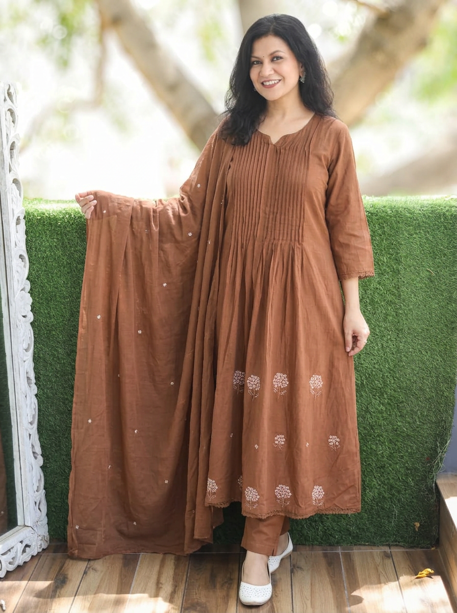 Navya Choco Brown Pintuck Embroidered Mul Cotton Set