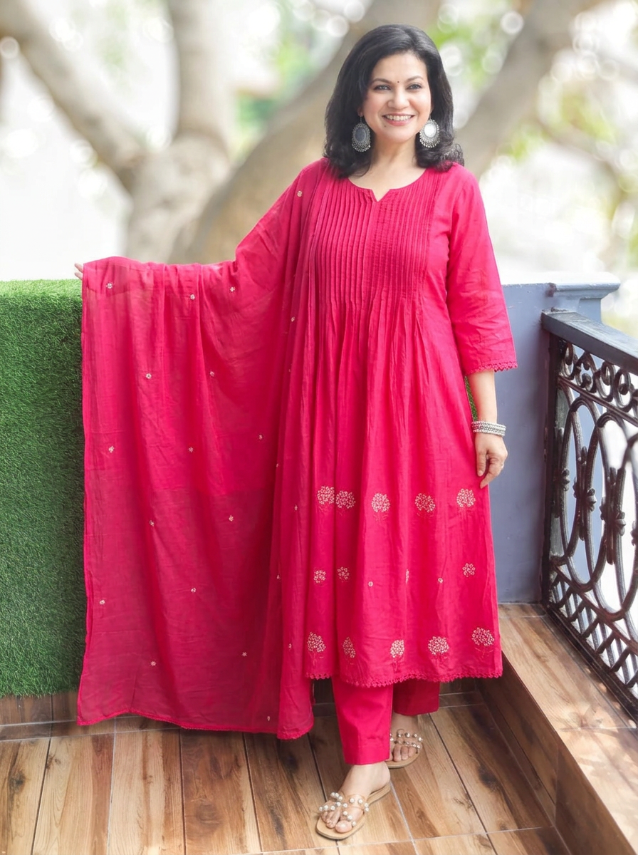 Navya Rani Pink Pintuck Embroidered Mul Cotton Set