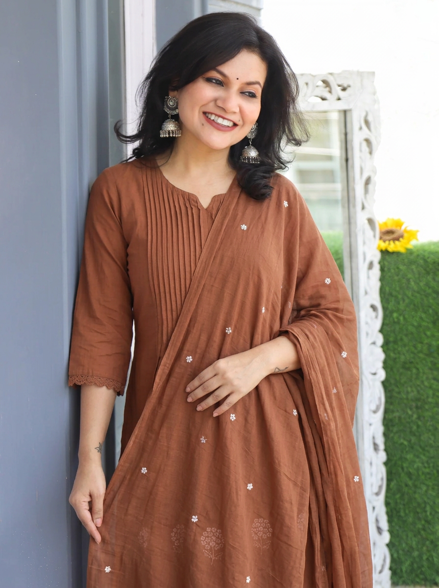 Navya Choco Brown Pintuck Embroidered Mul Cotton Set