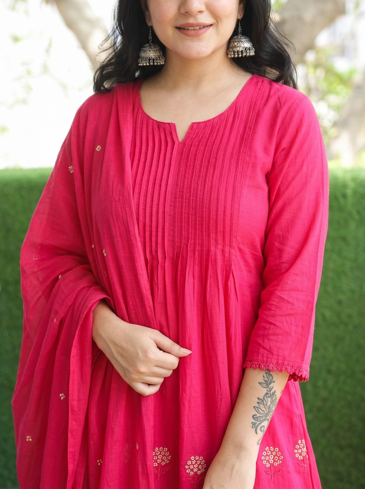 Navya Rani Pink Pintuck Embroidered Mul Cotton Set