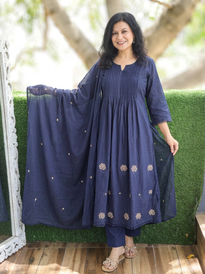 Navya Navy Blue Pintuck Embroidered Mul Cotton Set