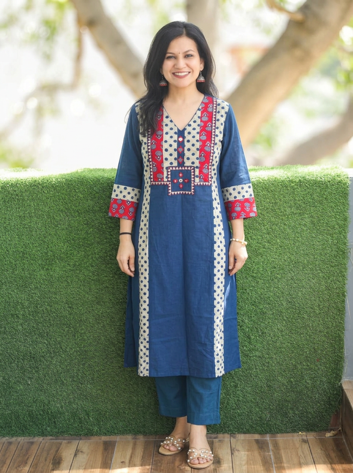 Drishti Prussia Blue Triple Panel Ajrak Yoke with Mirror Cotton Kurti