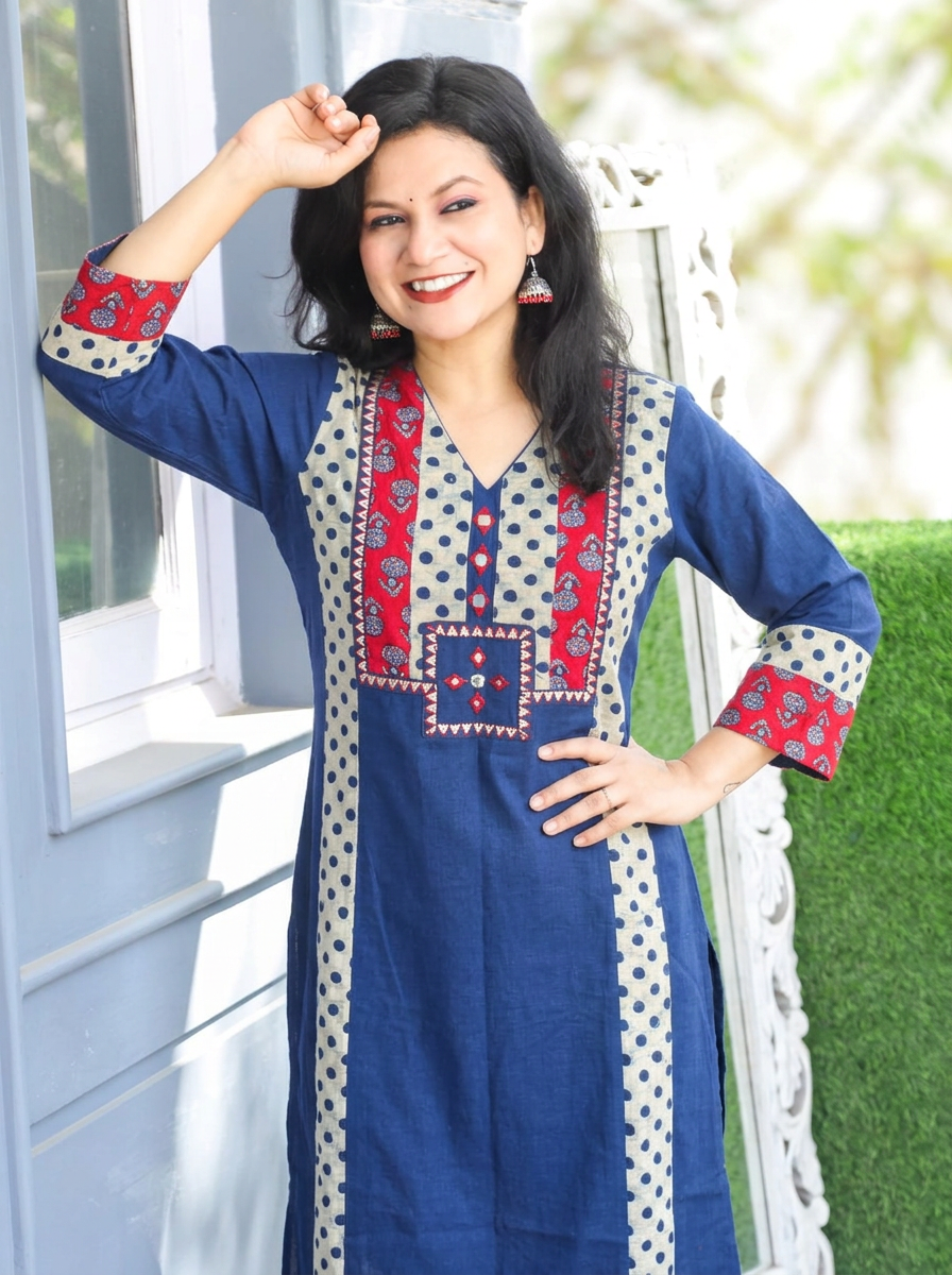 Drishti Prussia Blue Triple Panel Ajrak Yoke with Mirror Cotton Kurti
