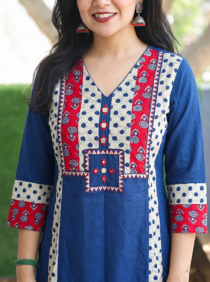 Drishti Prussia Blue Triple Panel Ajrak Yoke with Mirror Cotton Kurti