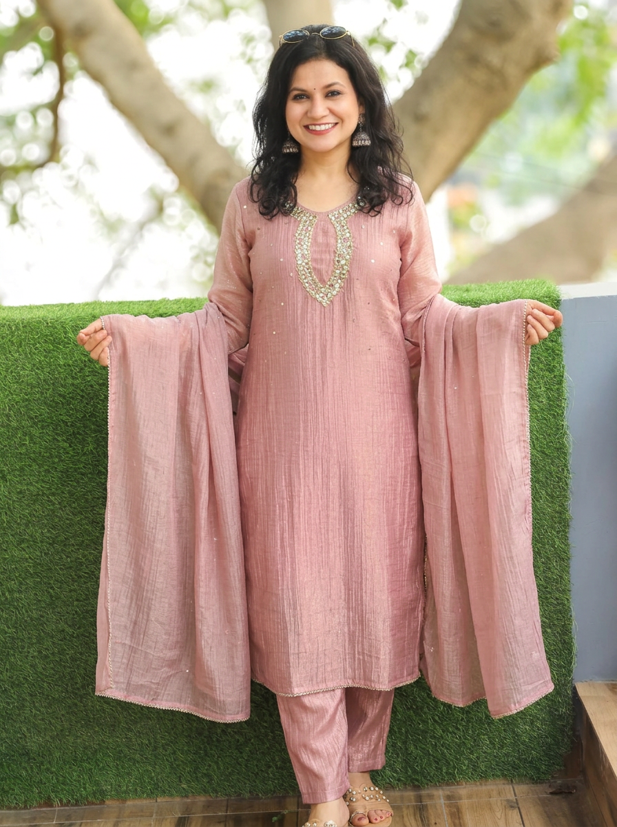 Vinaya Misty Pink Keyhole Embellished Crinkle Shimmer Tissue Set