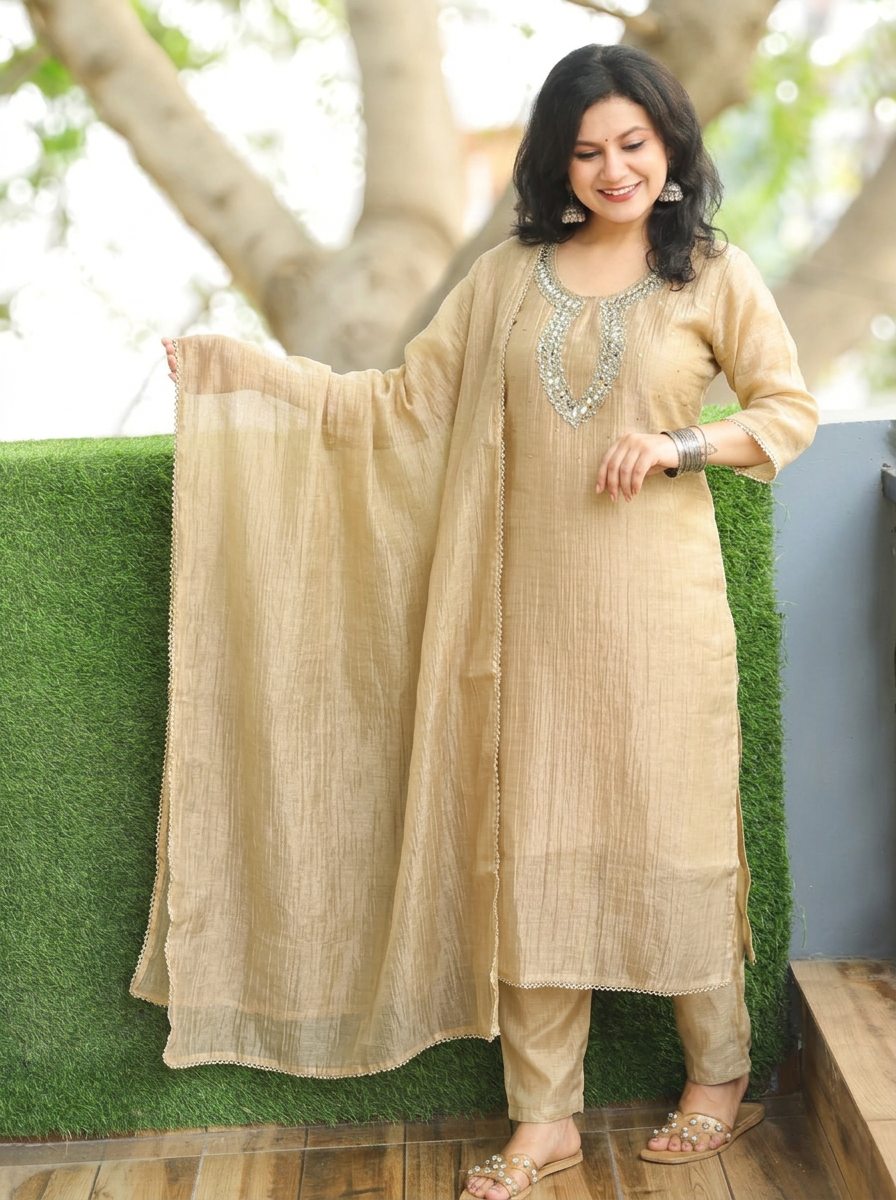 Vinaya Hazel Beige Keyhole Embellished Crinkle Shimmer Tissue Set