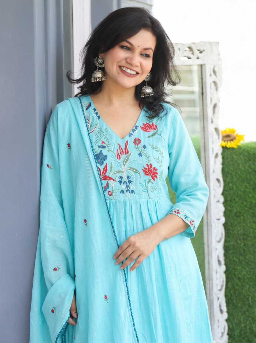 Kavya Sea Blue Embroidered Mul Chanderi 3 Piece Set