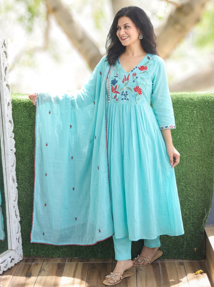 Kavya Sea Blue Embroidered Mul Chanderi 3 Piece Set