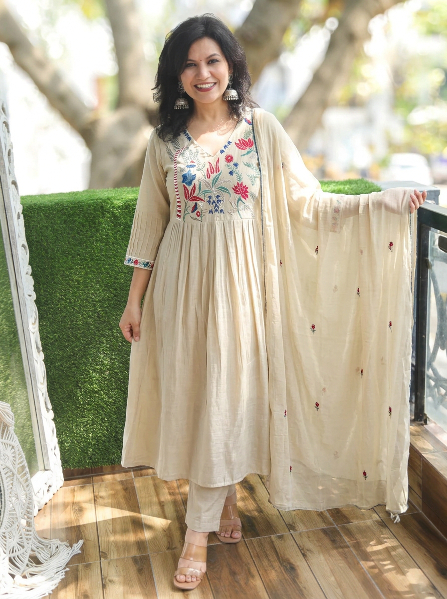 Kavya Sand Beige Embroidered Mul Chanderi 3 Piece Set