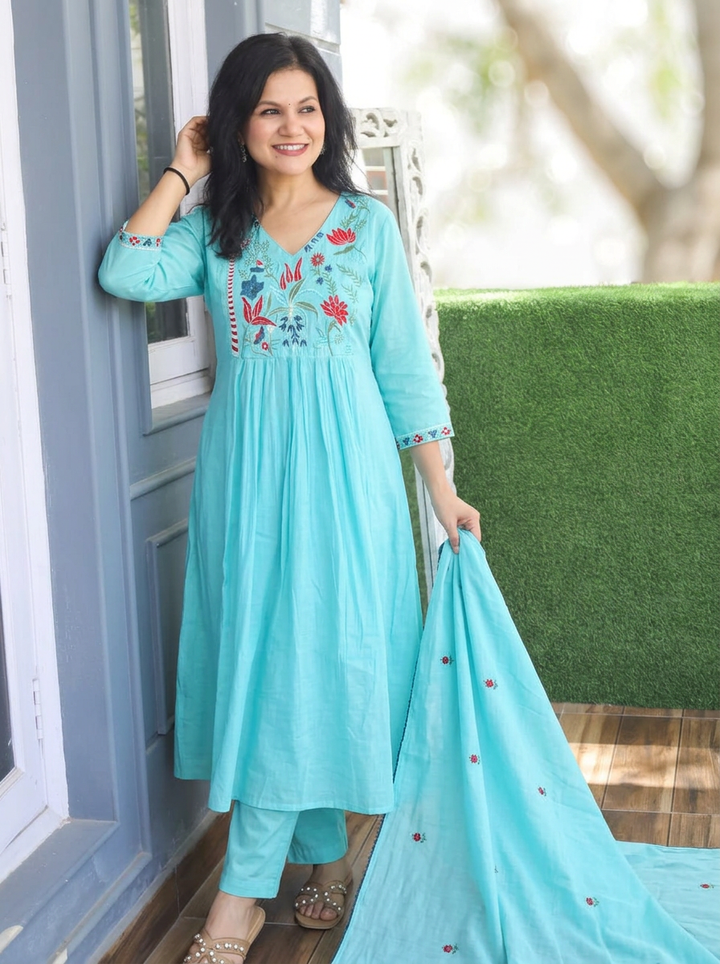 Kavya Sea Blue Embroidered Mul Chanderi 3 Piece Set