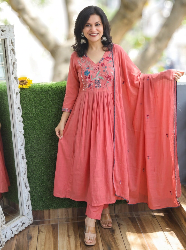 Kavya Blush Pink  Embroidered Mul Chanderi 3 Piece Set