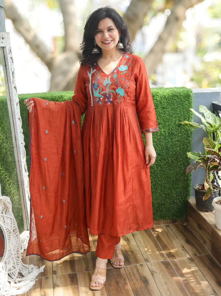 Kavya Burnt Orange Embroidered Mul Chanderi 3 Piece Set