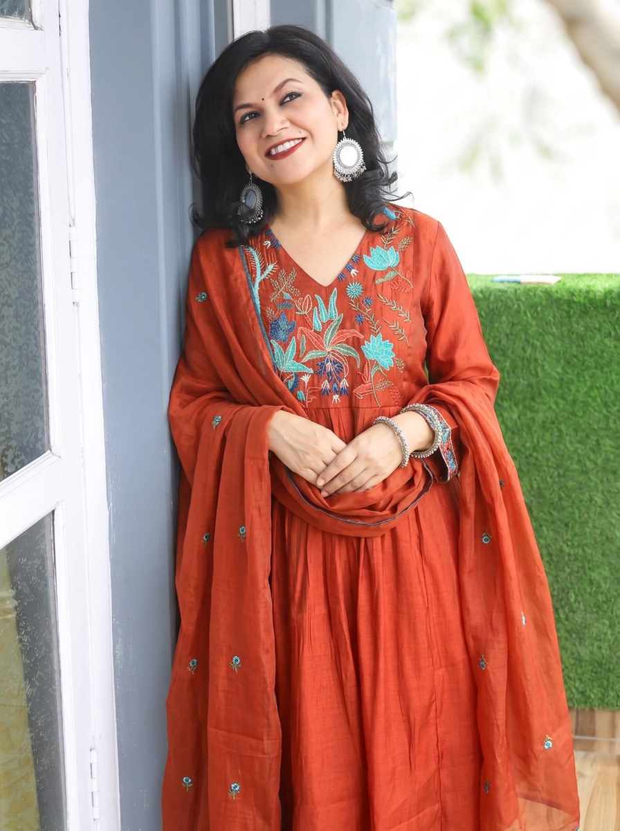 Kavya Burnt Orange Embroidered Mul Chanderi 3 Piece Set