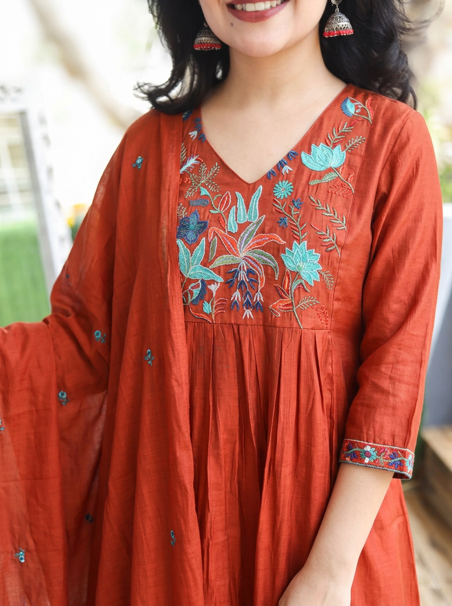 Kavya Burnt Orange Embroidered Mul Chanderi 3 Piece Set