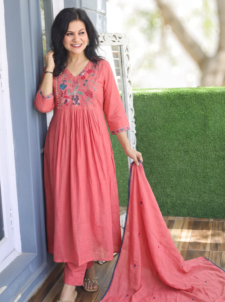 Kavya Blush Pink  Embroidered Mul Chanderi 3 Piece Set