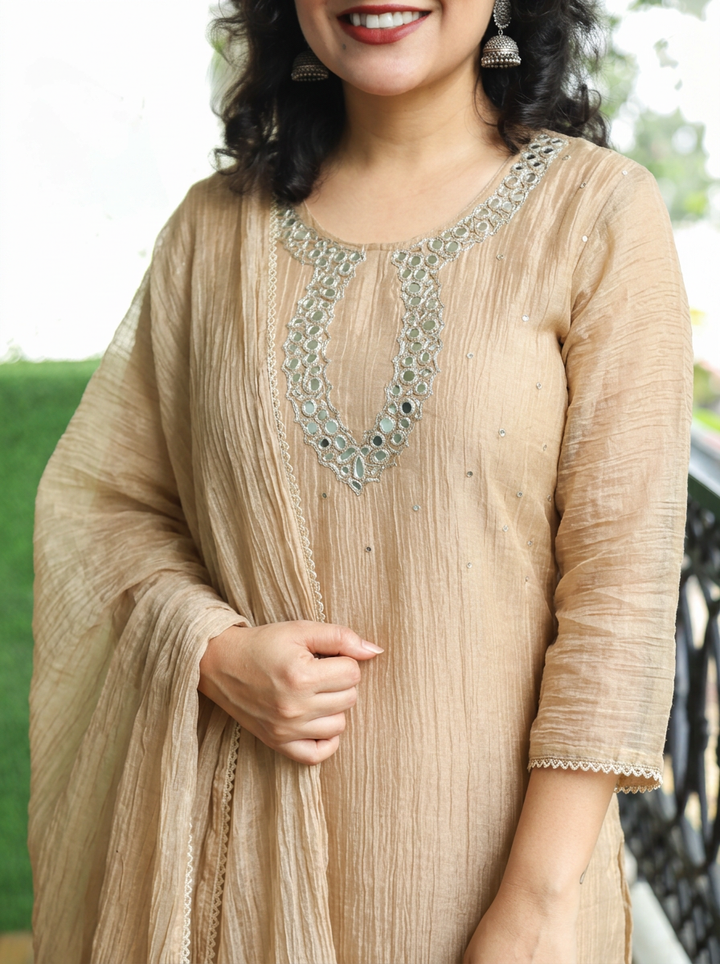 Vinaya Hazel Beige Keyhole Embellished Crinkle Shimmer Tissue Set