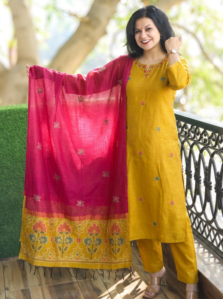 Vasudhra Dijon Yellow Floral Jamdani 3 Piece Set