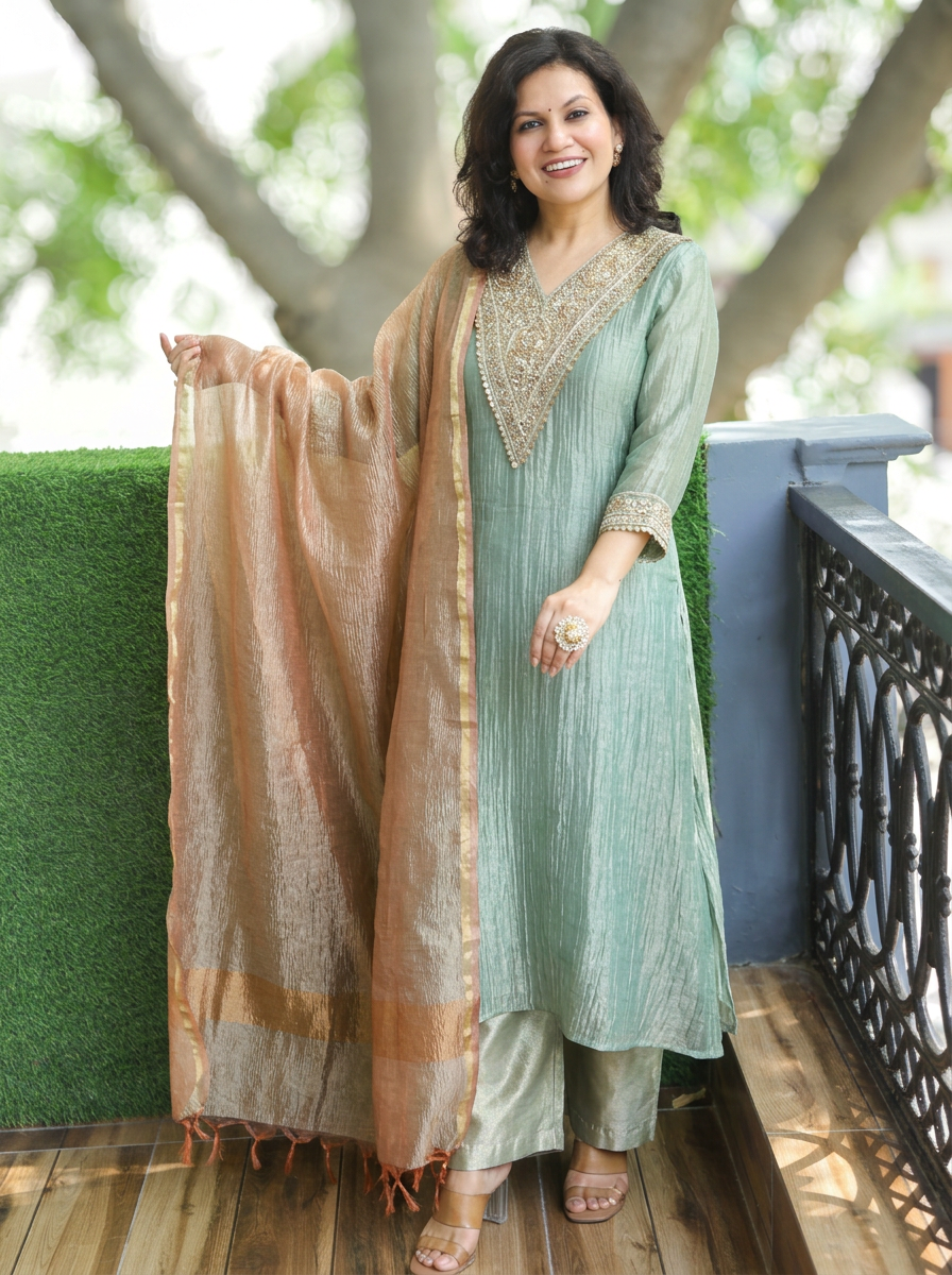 Mehak Fern Green Embellished Crinkle Shimmer Tissue Set
