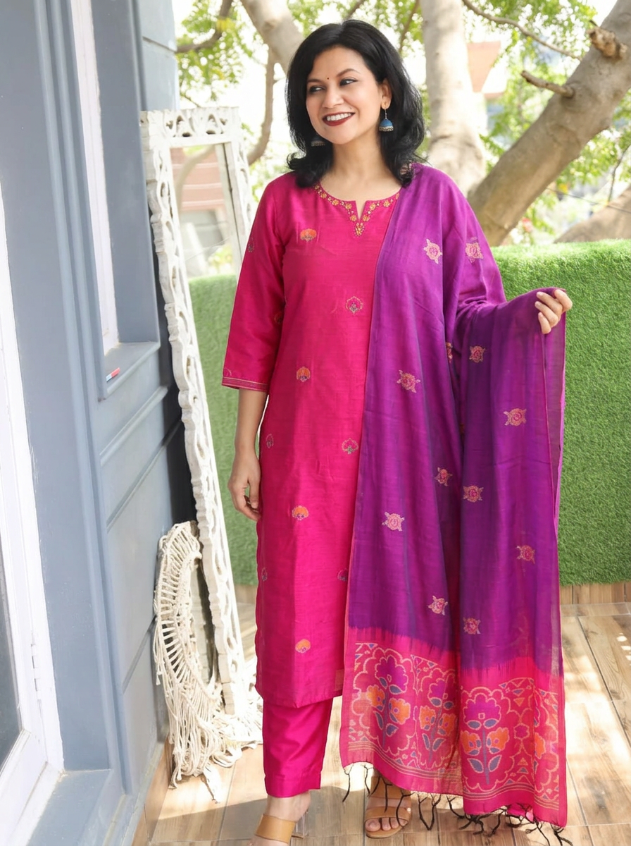 Vasudhra Magenta Purple Floral Jamdani 3 Piece Set