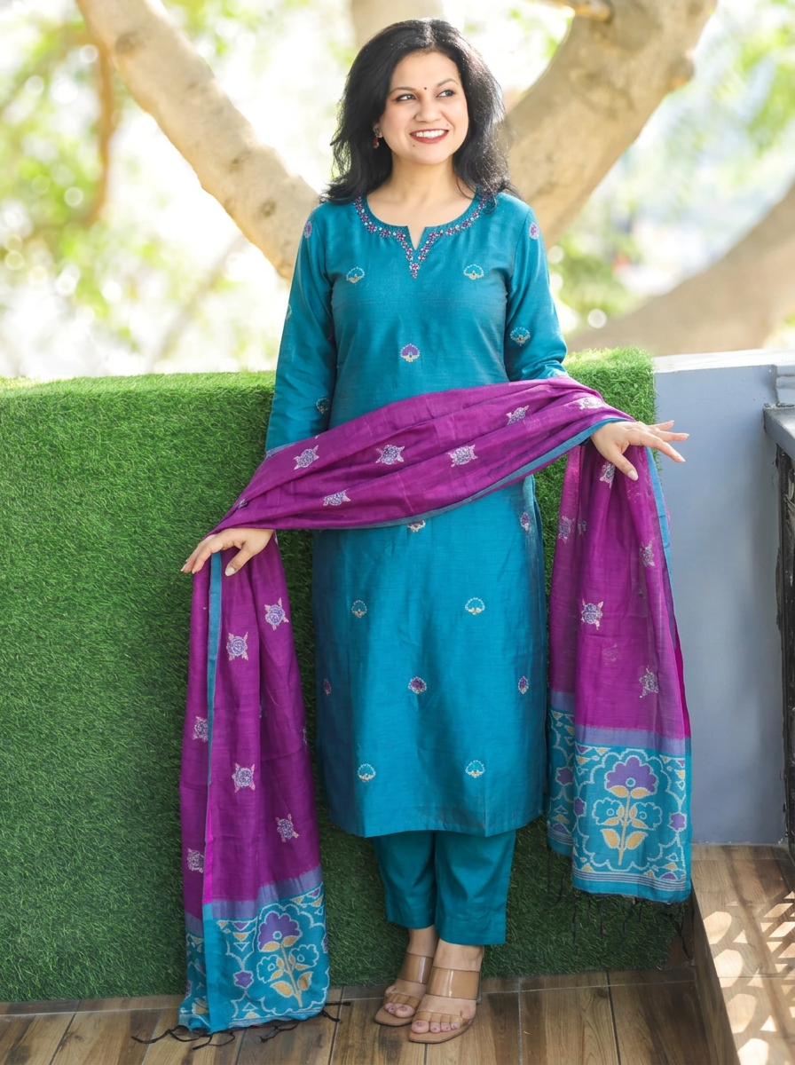 Vasudhra Aqua Teal Floral Jamdani 3 Piece Set