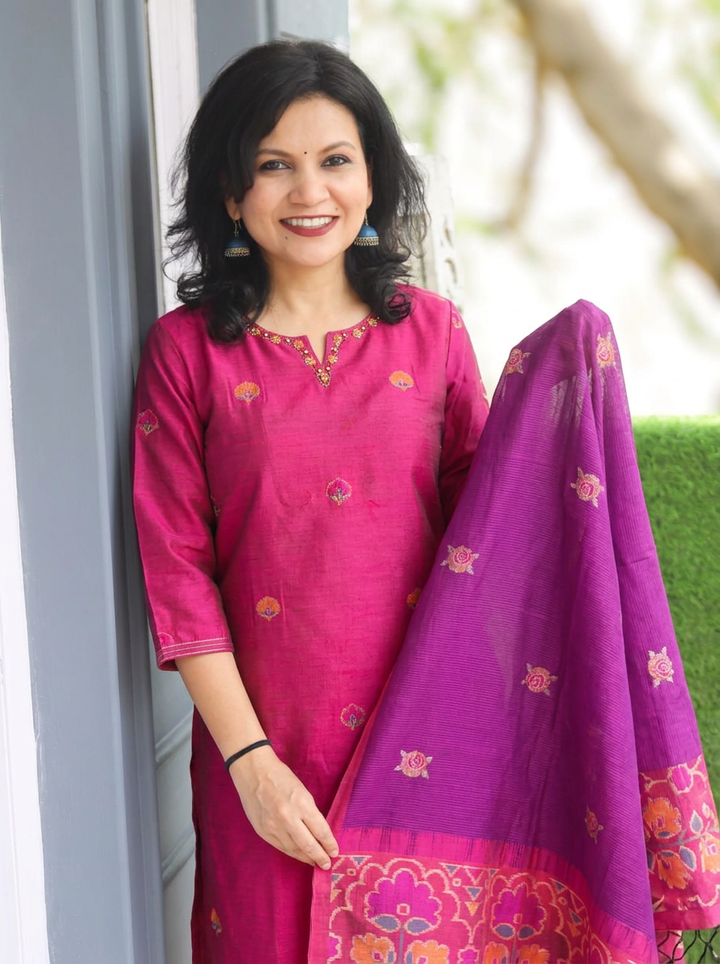 Vasudhra Magenta Purple Floral Jamdani 3 Piece Set