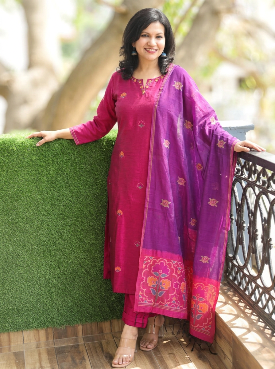 Vasudhra Magenta Purple Floral Jamdani 3 Piece Set