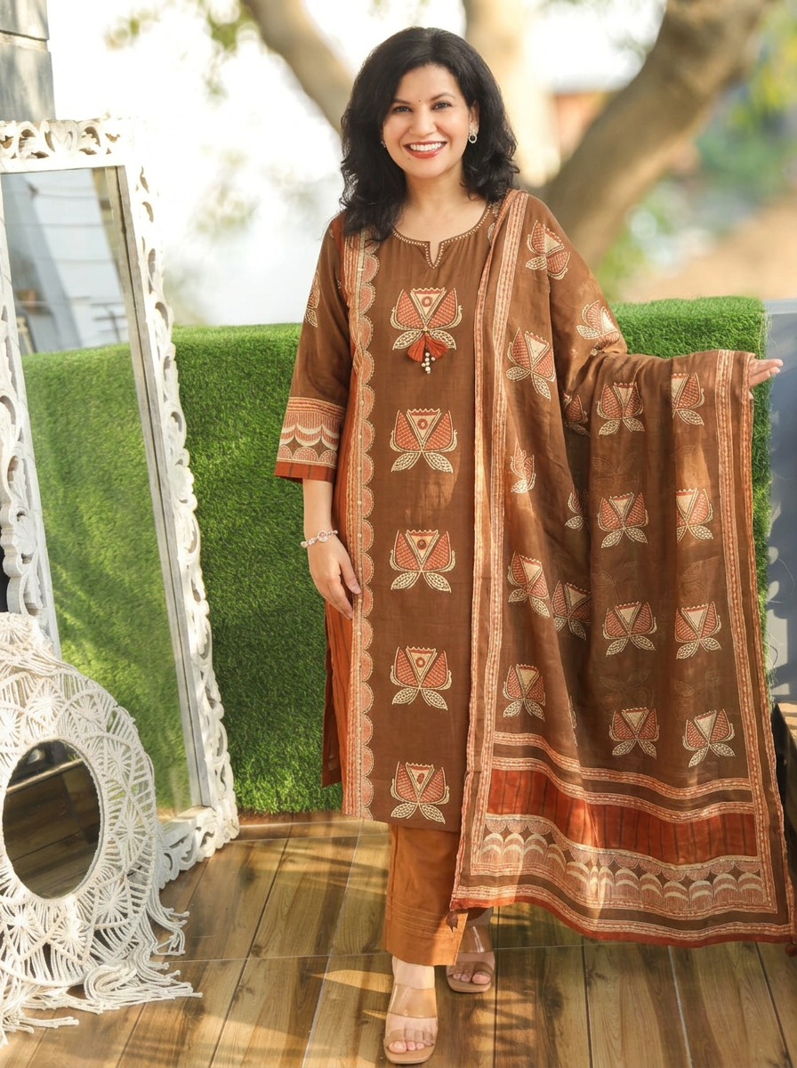Rushali Brown Panel Block Printed Cotton 3 Piece Set