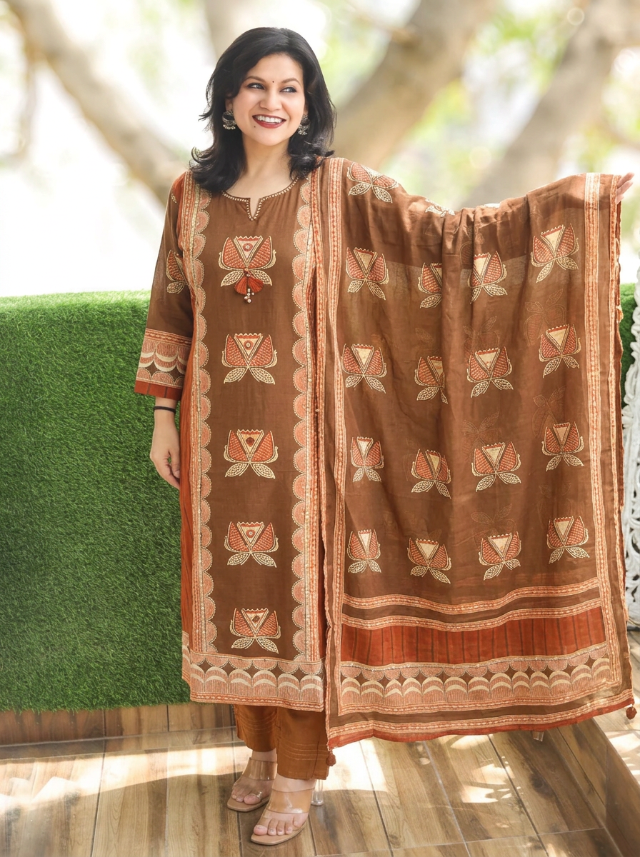 Rushali Brown Panel Block Printed Cotton 3 Piece Set