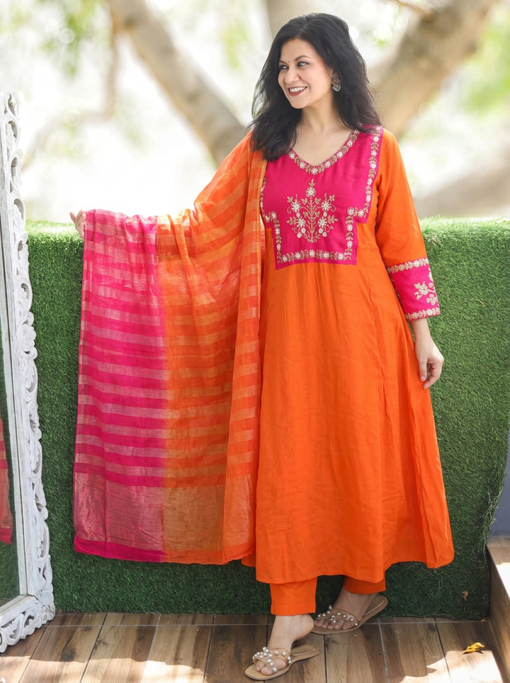 Shishberi Tangerine Orange Embellish Moti Work Mul Chanderi Set