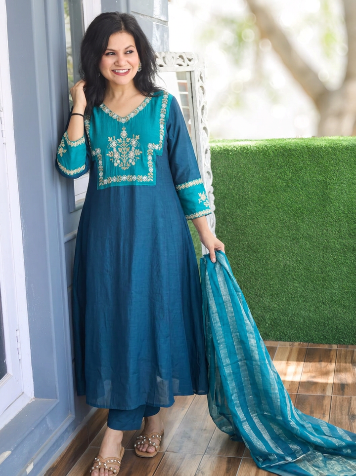 Shishberi Peacock Blue Embellish Moti Work Mul Chanderi Set