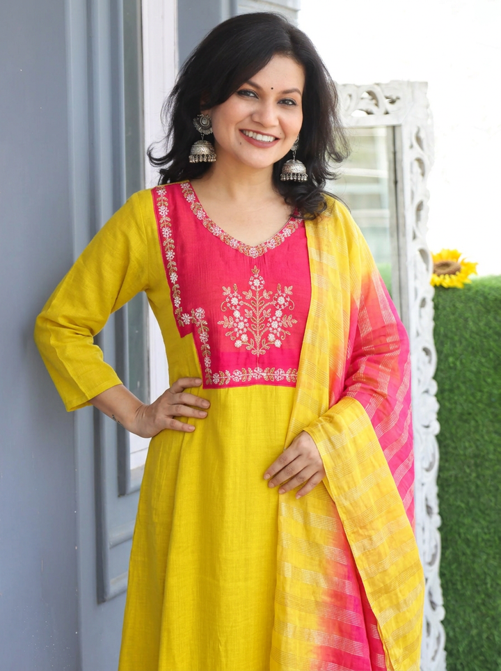 Shishberi Neon Green Embellish Moti Work Mul Chanderi Set