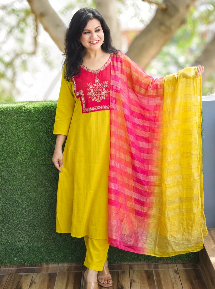 Shishberi Neon Green Embellish Moti Work Mul Chanderi Set