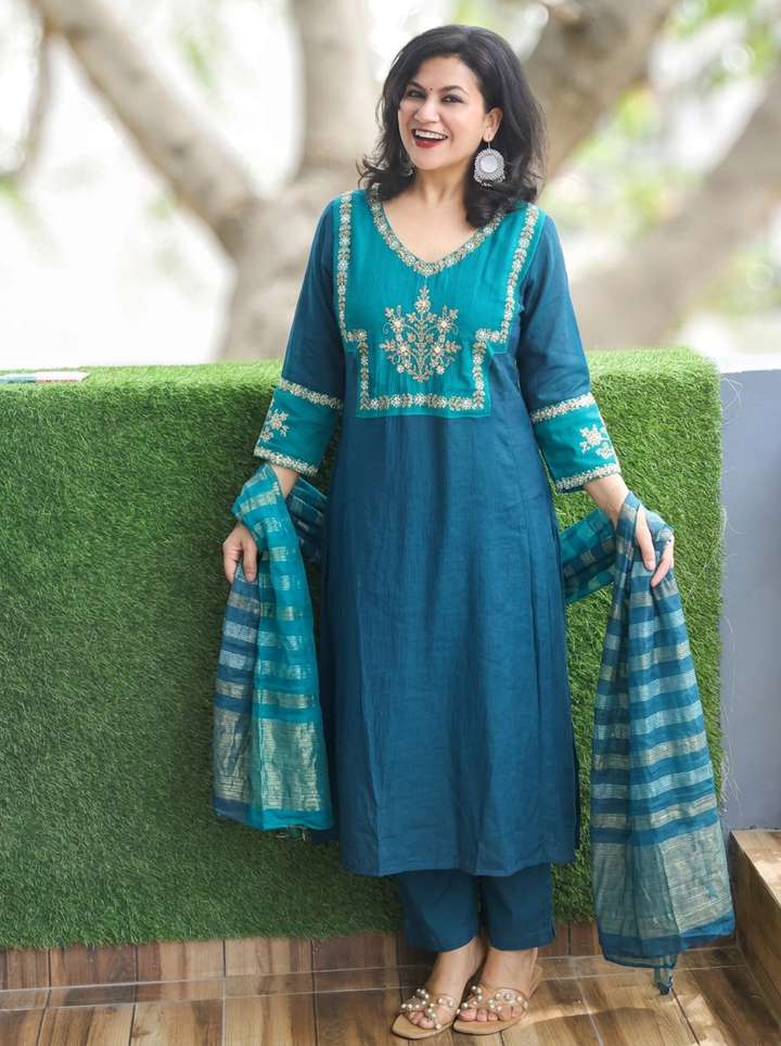 Shishberi Peacock Blue Embellish Moti Work Mul Chanderi Set