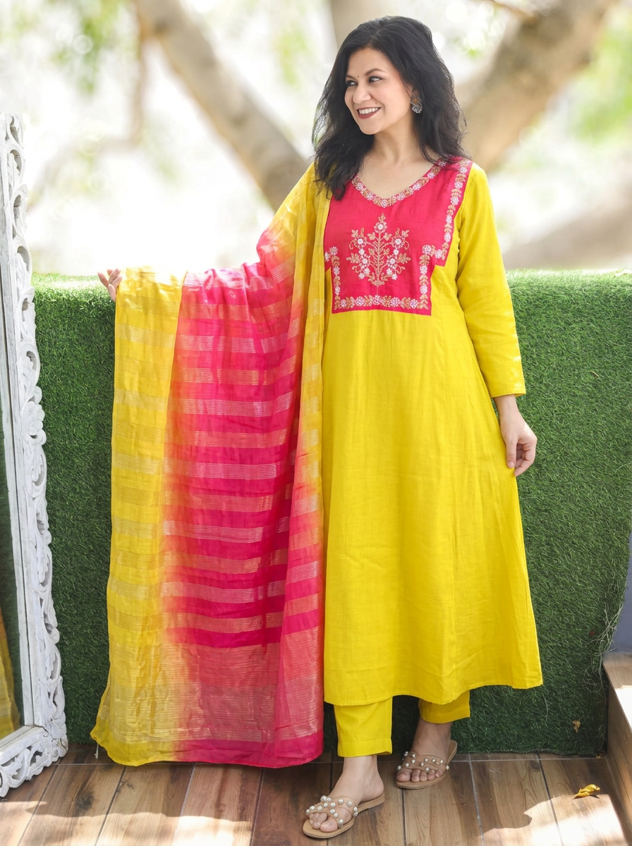 Shishberi Neon Green Embellish Moti Work Mul Chanderi Set