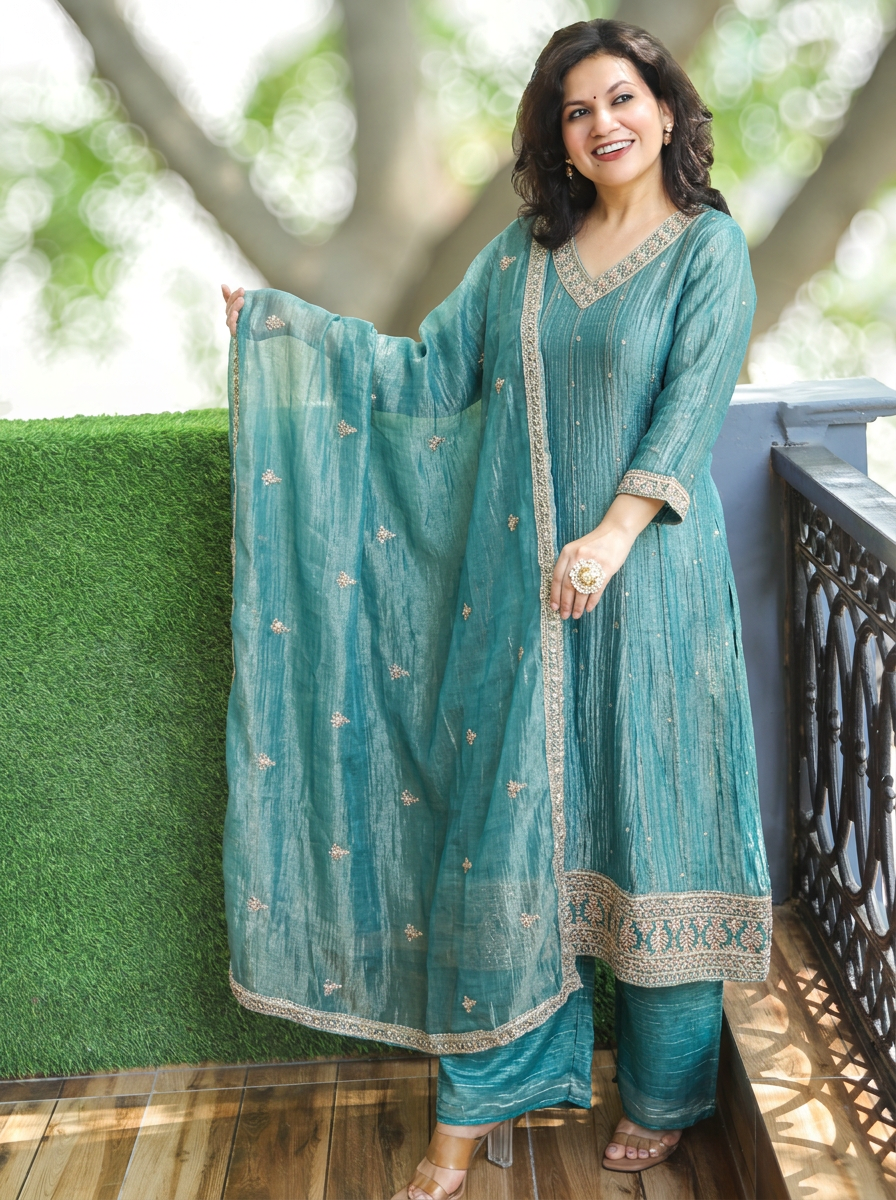Ruhani Ocean Turq Zari Work Crinkle Shimmer Tissue 3 Piece Set