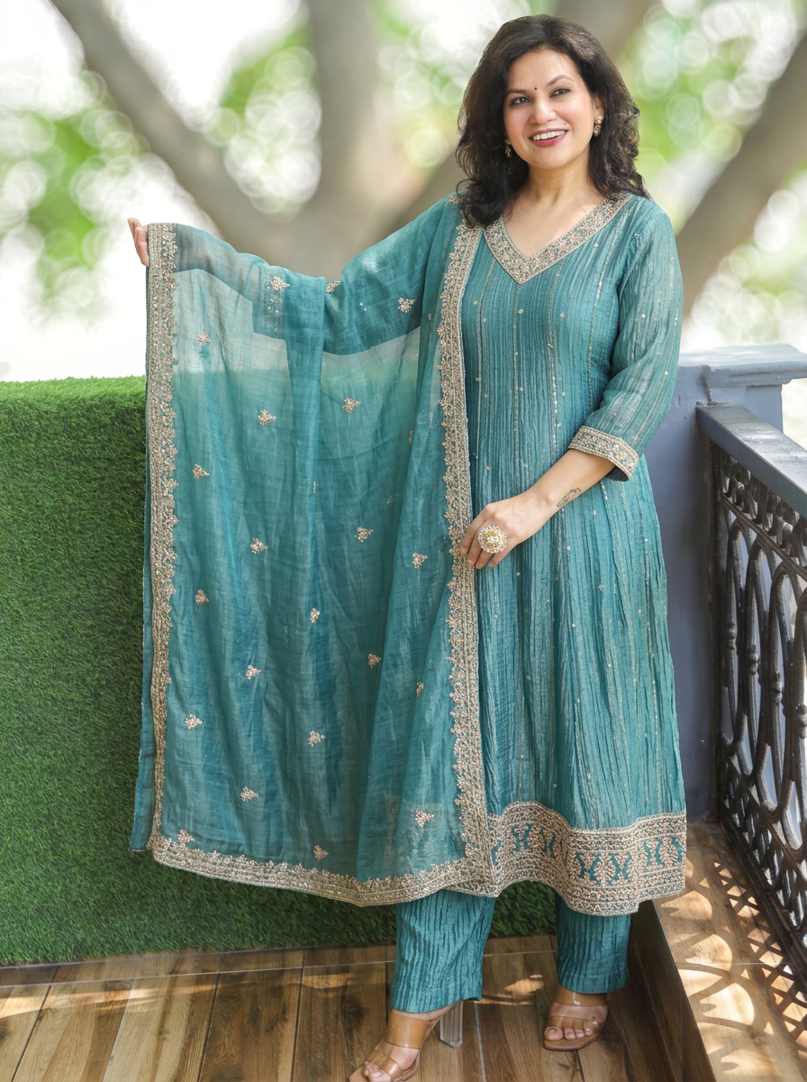 Ruhani Ocean Turq Zari Work Crinkle Shimmer Tissue 3 Piece Set
