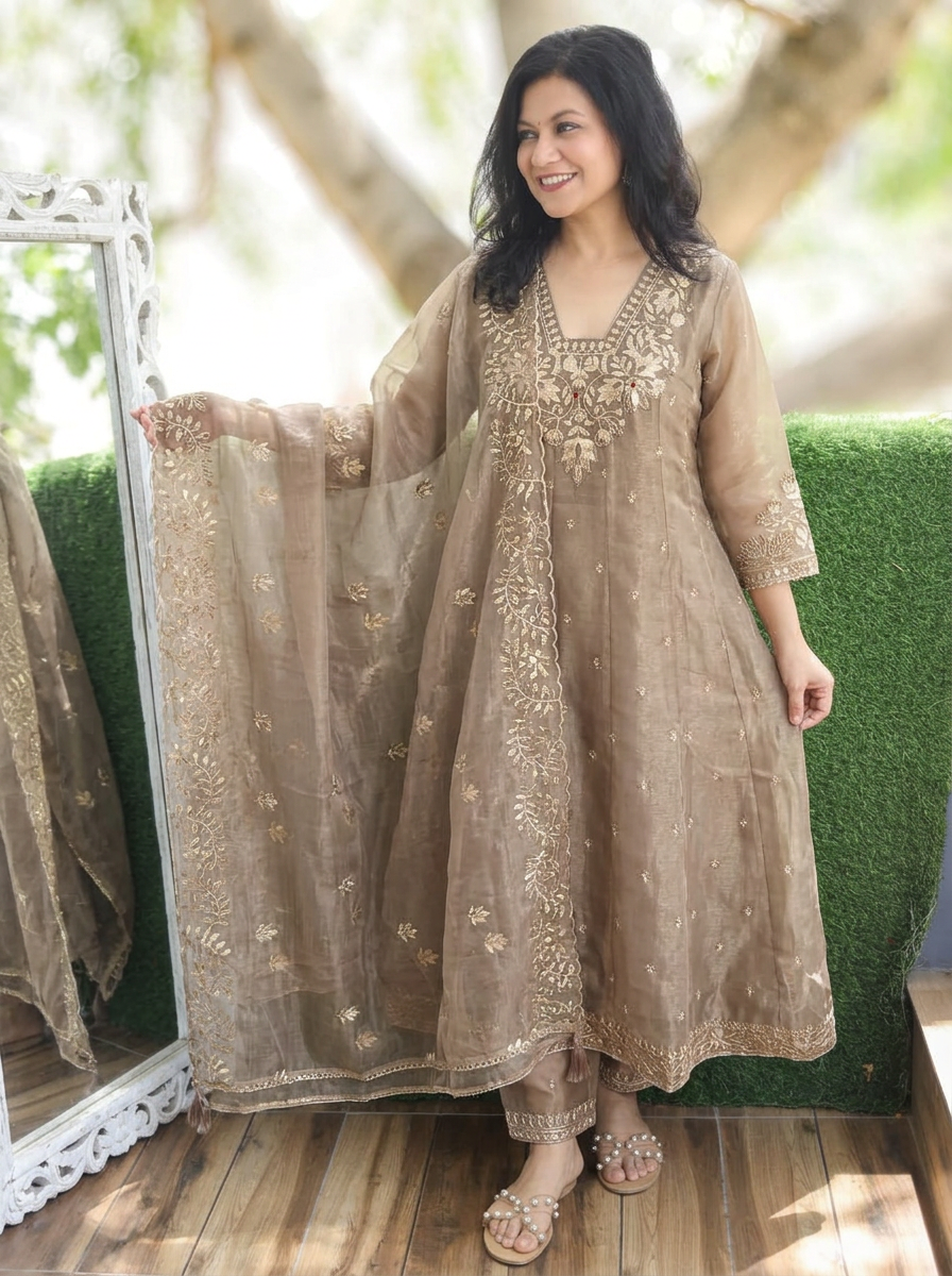 Laavanya Mouse Tan Gota Patti Work Shimmer Organza 3 Piece Set
