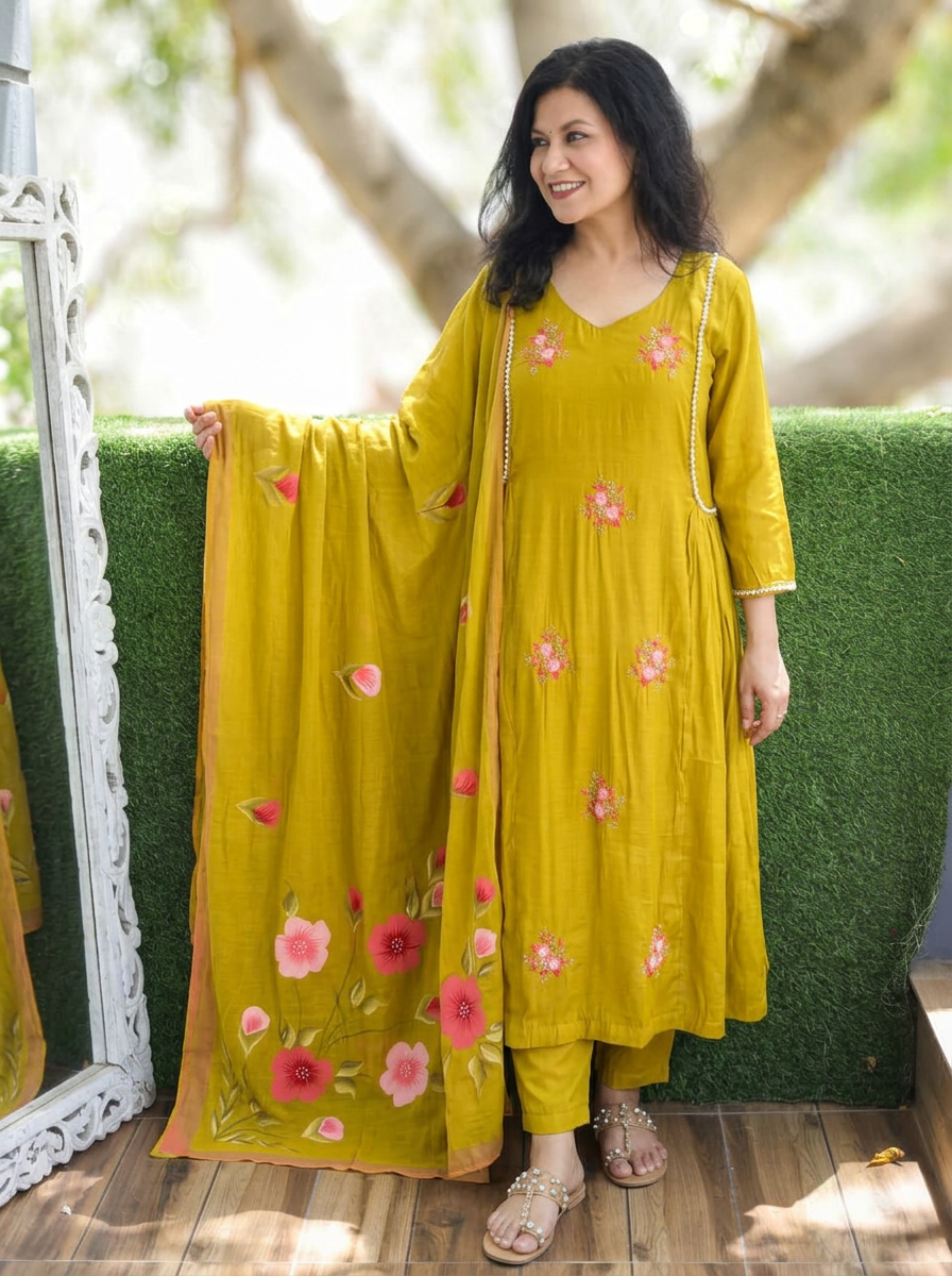 Meher Lemon Yellow Moti Kardana Work Mul Chanderi 3 Piece Set