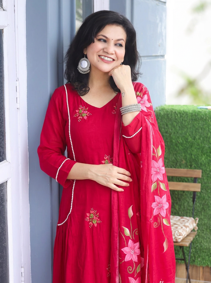 Meher Cranberry Pink Moti Kardana Work Mul Chanderi 3 Piece Set