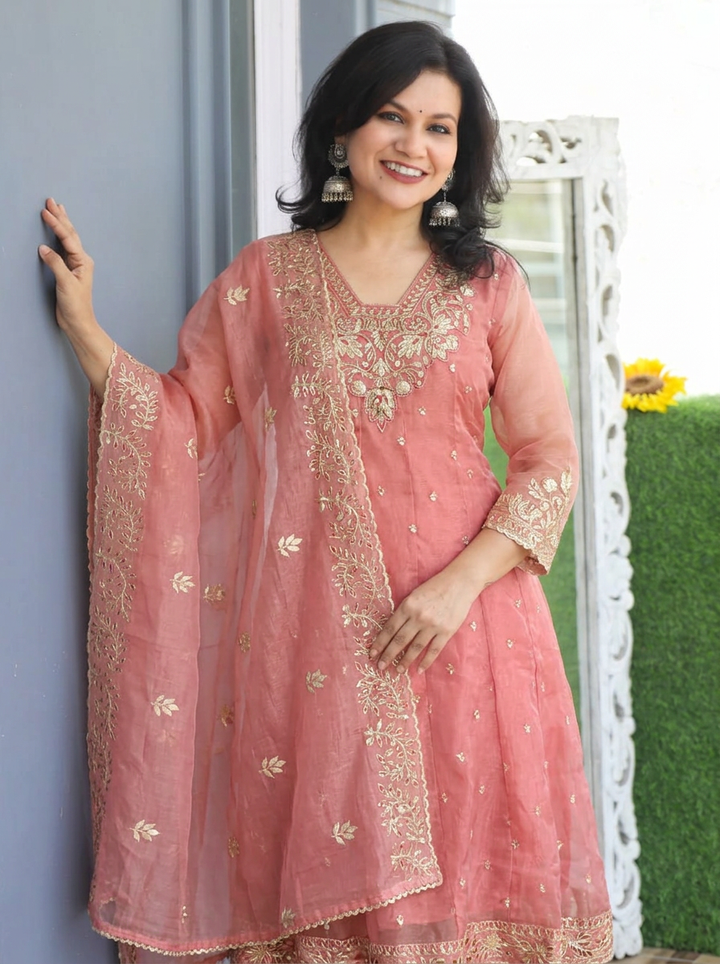 Laavanya Gajri Peach Gota Patti Work Shimmer Organza 3 Piece Set