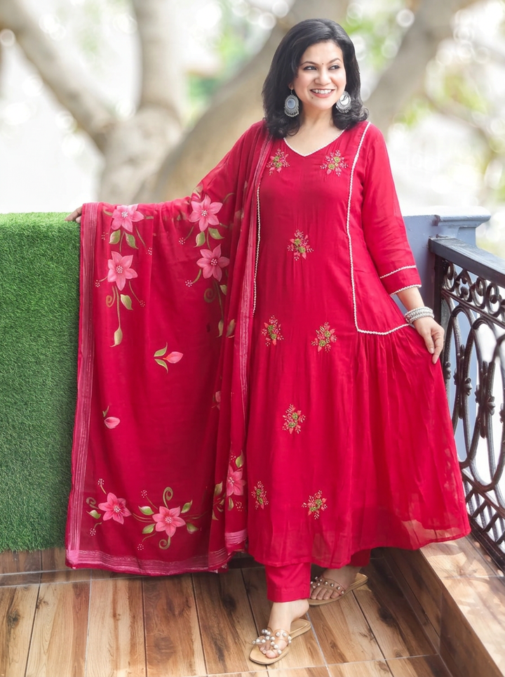 Meher Cranberry Pink Moti Kardana Work Mul Chanderi 3 Piece Set